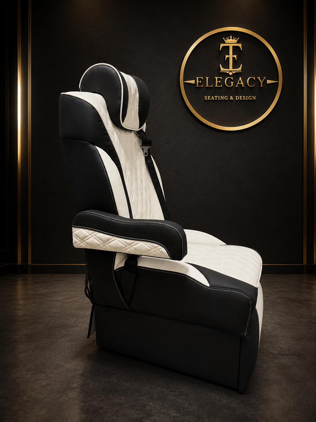 Two-tone captain seat with gold eLegacy crest, three-quarter view