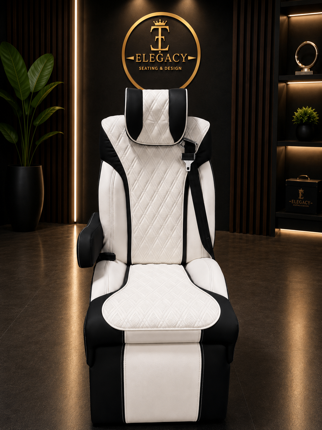 Two-tone black and white diamond-stitched captain seat with leg rest, front view