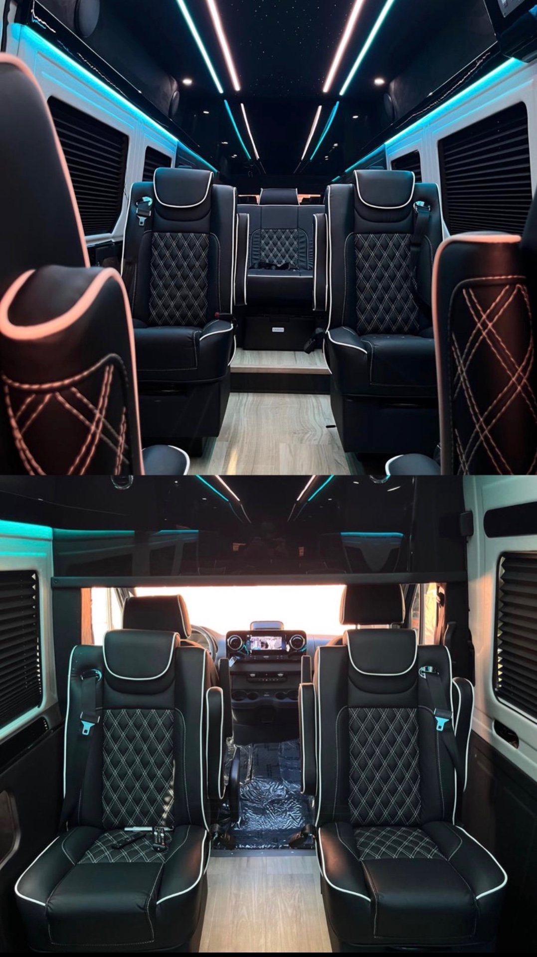 Black diamond-stitched leather seats with white piping under blue ambient lighting