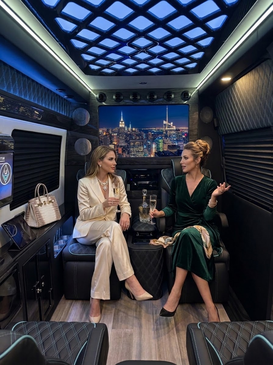 Executive van cabin with city skyline screen and passengers in formal wear