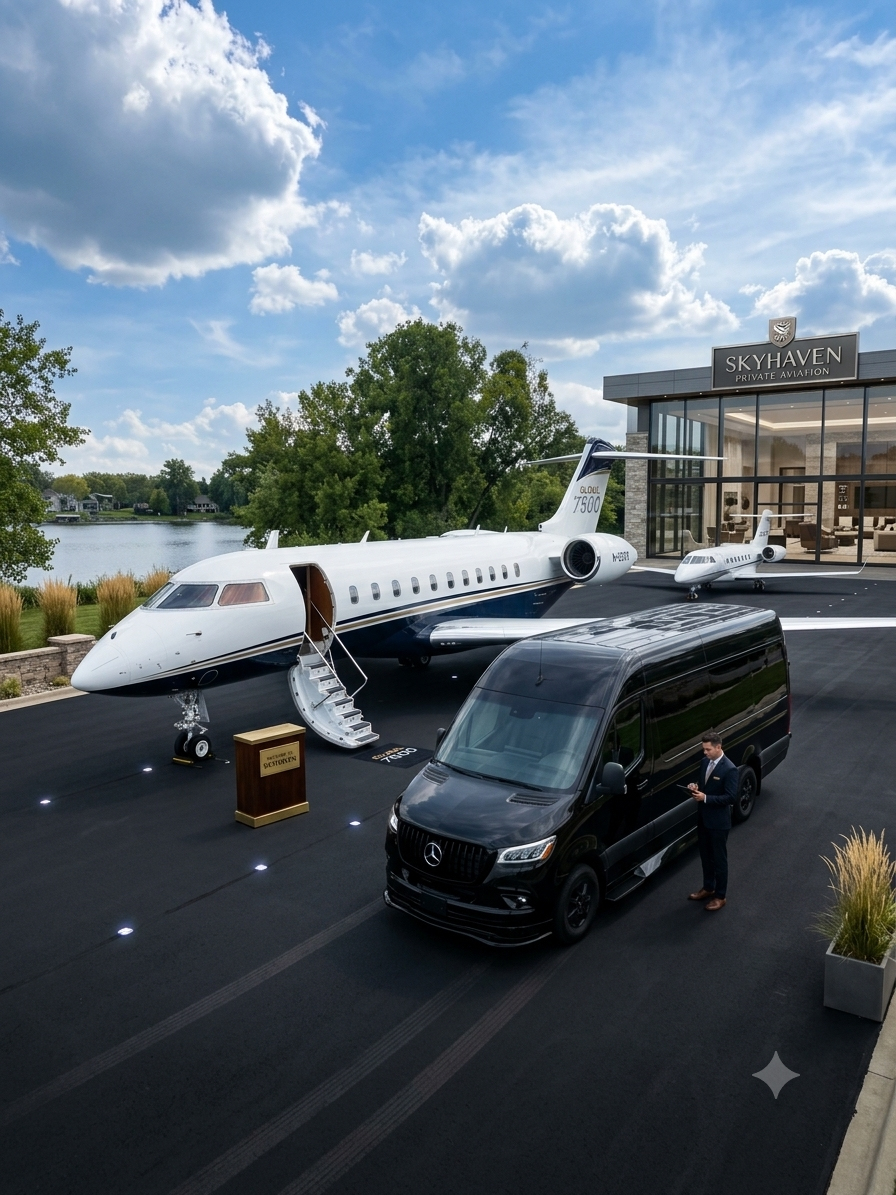 Blacked-out executive Sprinter van staged beside a private jet at a terminal