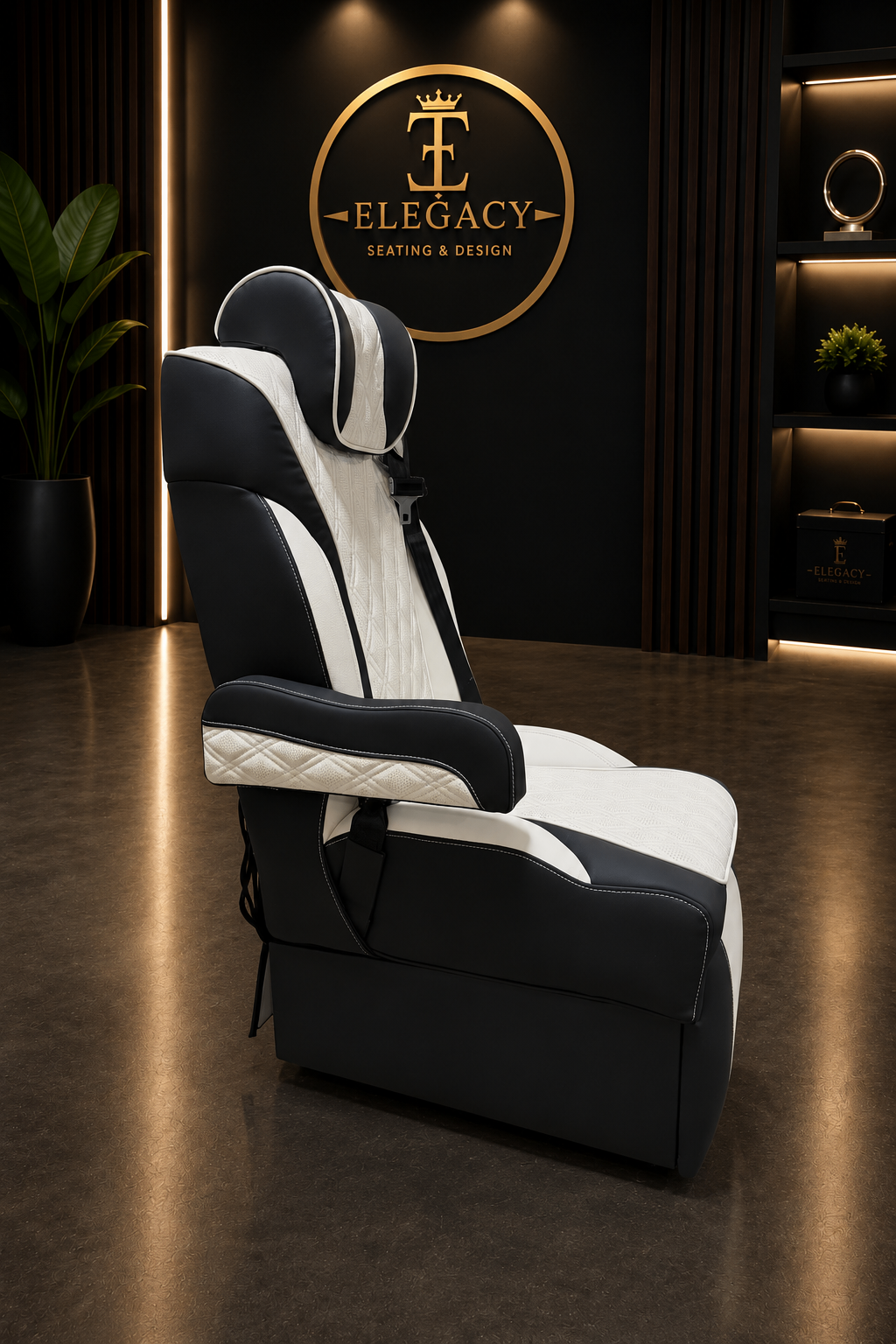 Two-tone black and white captain seat, profile view in the eLegacy showroom