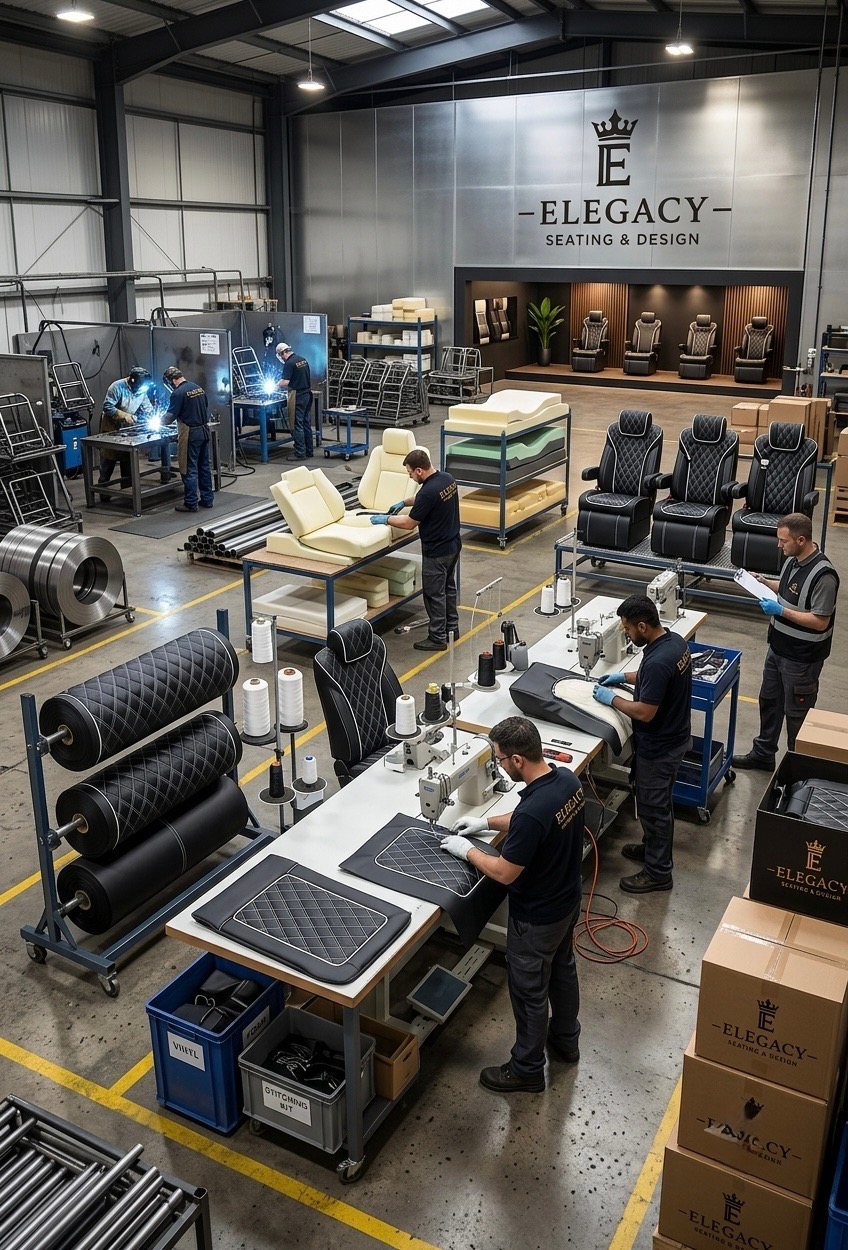 eLegacy Seating Designs manufacturing floor in Elkhart, Indiana with upholstery, sewing and welding stations