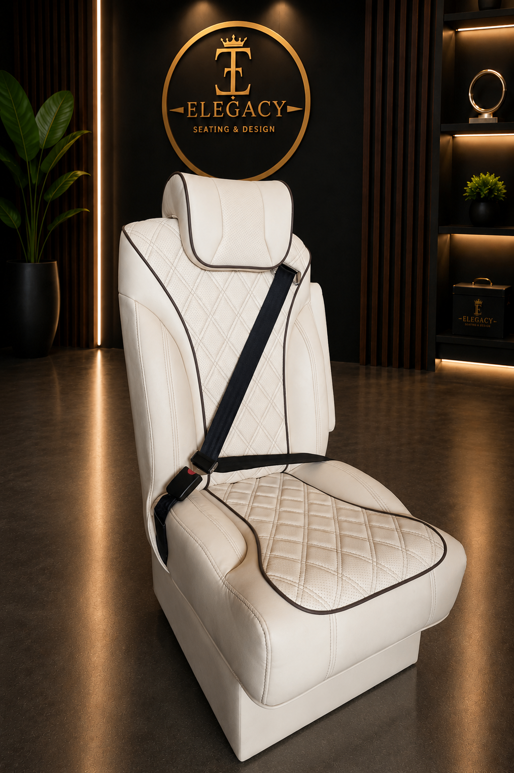 All-ivory diamond-stitched captain seat with seatbelt, showroom lighting