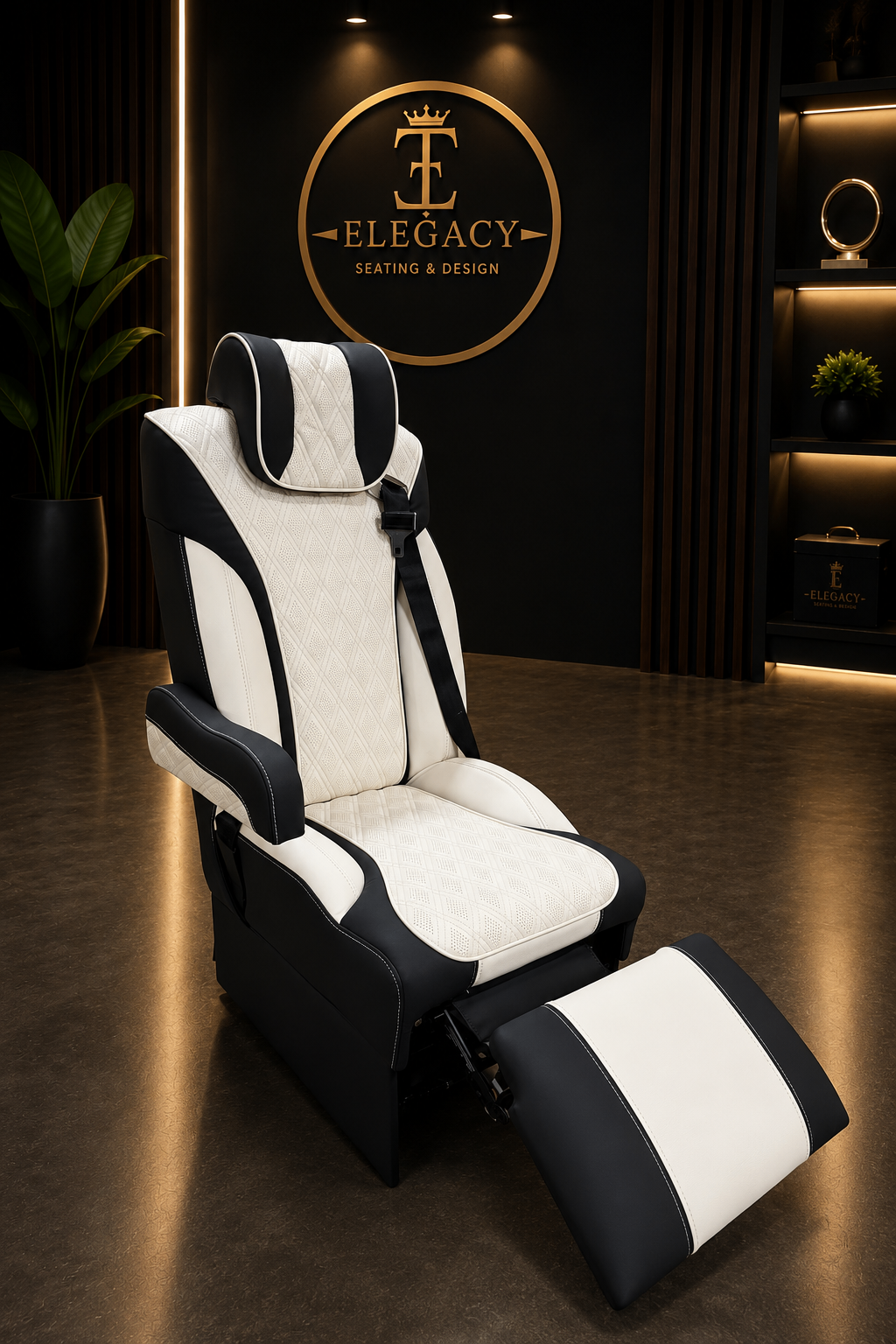 Captain seat with power leg rest extended, black and ivory hides
